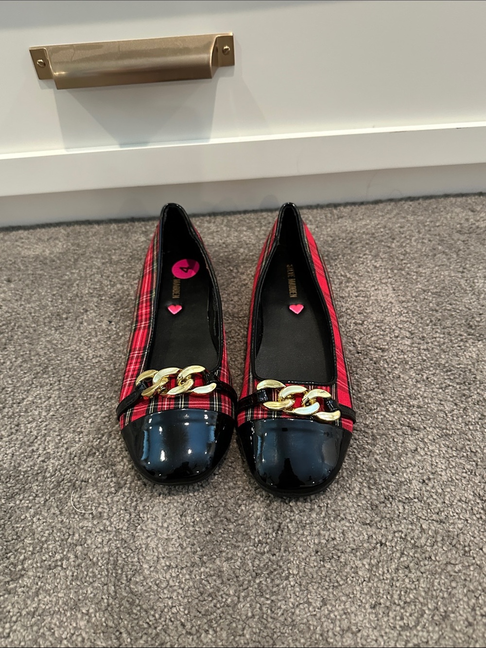 Steve Madden Red Plaid Flats with Black Patent Toe and Gold Chain Accent